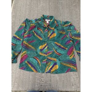 Vintage Notations Y2K women shirt multicolor geometric pleated button sleeve 20W